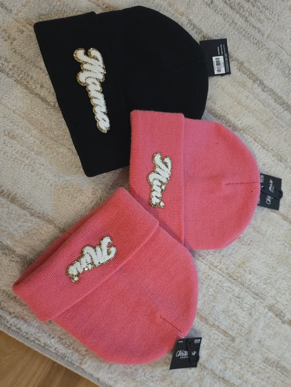 Mama&Mini Winter Beanies - Black and Pink Knit Hat with Sparkle Logo